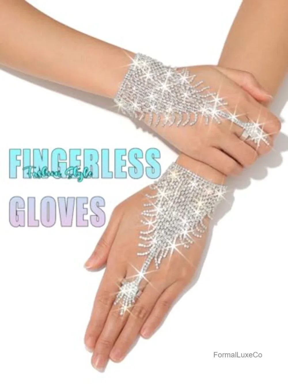 Rhinestone Fingerless Gloves with Ring Sparkly Crystal Hand Chain Women